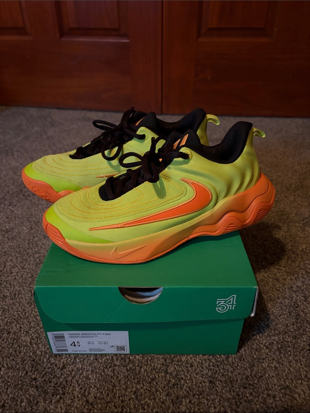 Kids Nike Giannis Neon Yellow & Orange Athletic Sneakers with Black Accents